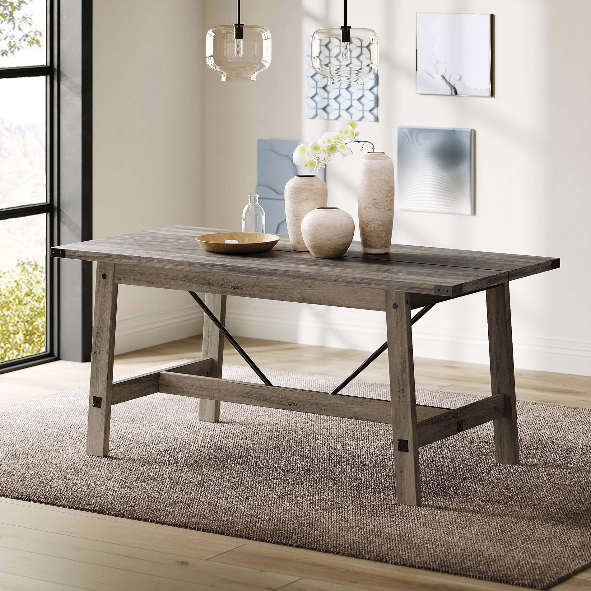 WAMPAT 6 Person Modern Dining Room Table, Rustic Grey Wood Kitchen Table