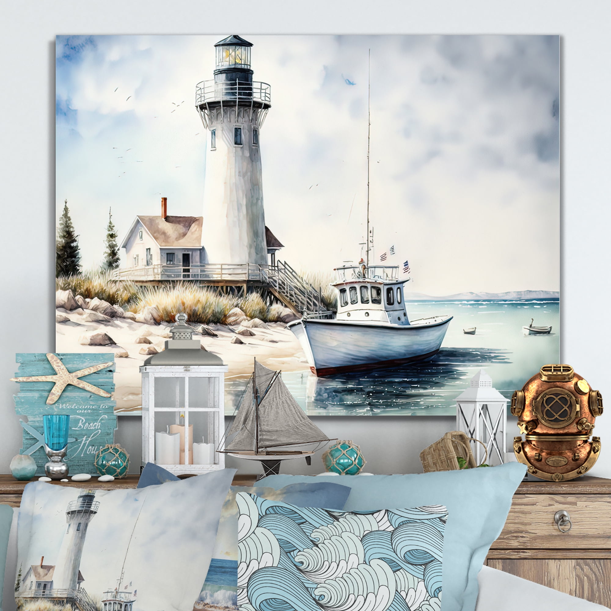 Designart Fishing Boat And Light House I Canvas Wall Art