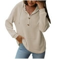 thumbnail image 4 of Sweatshirts for Women Plus Size Long Sleeve V Neck Button Up Drwastring Casual Loose Solid Color Raglan Hooded Pullover Tops,Beige,S, 4 of 5