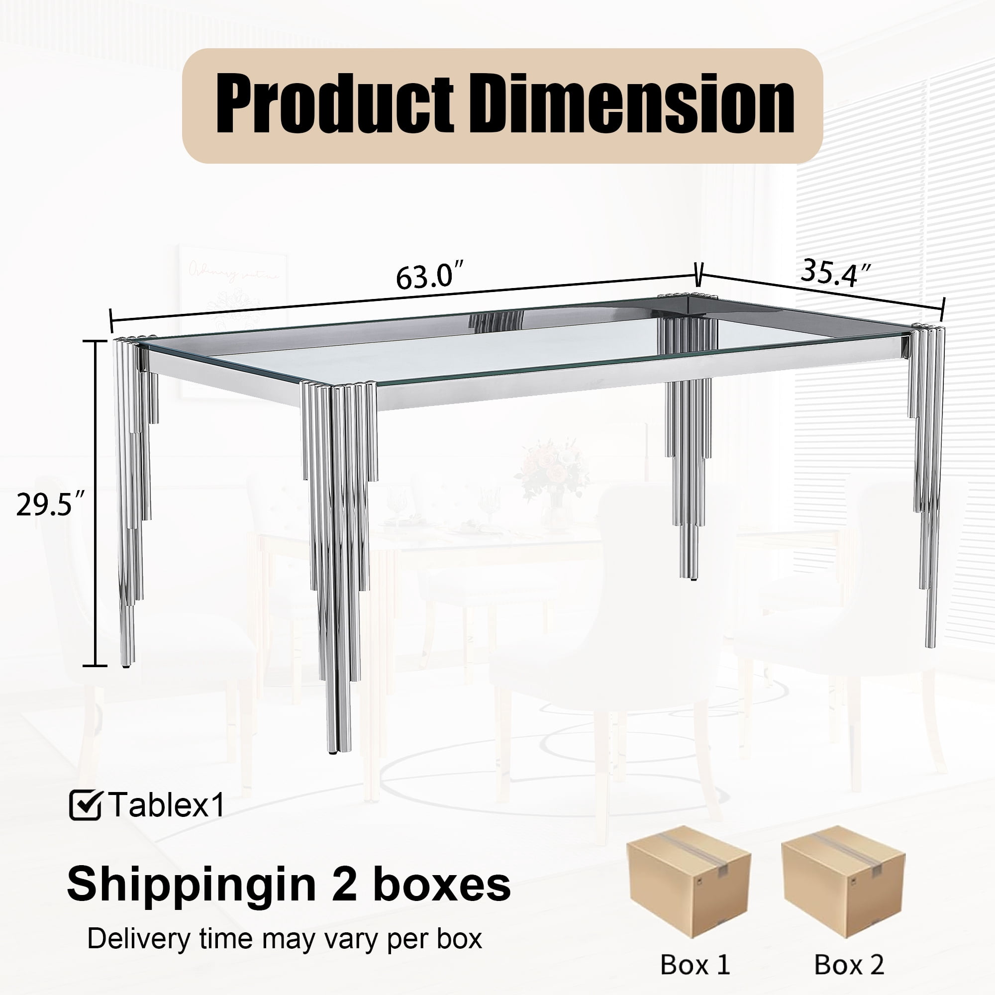 65" Rectangular Clear Tempered Glass Dining Table for 4-6 People, Modern Kitchen Table with Irregular Stainless Steel Legs, Dining Table for Dining Room or Living Room
