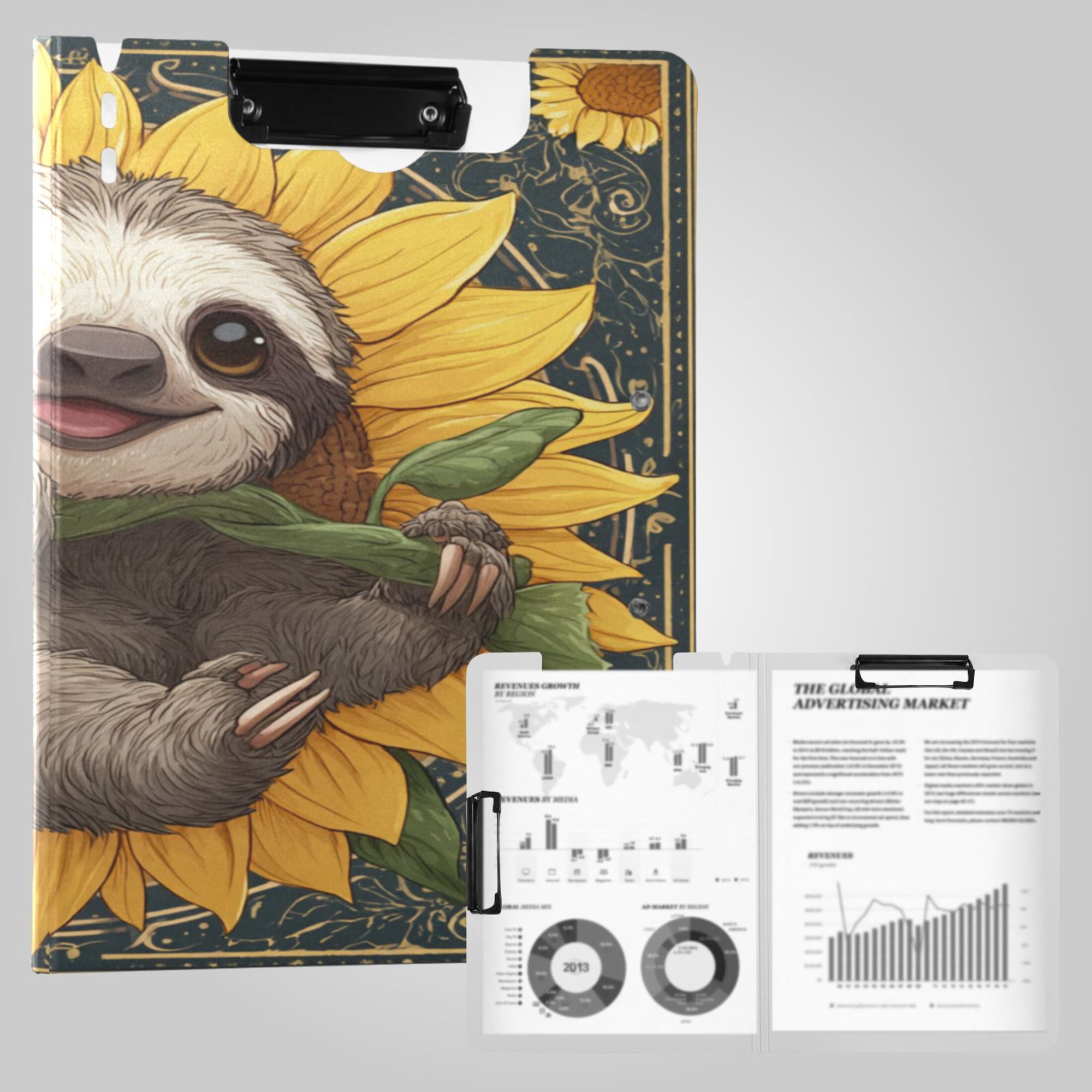 Foldable Binder Clipboards 360°Portable Plastic Folder Clipboard Extra Large Capacity Organizer Binder 18.9" x 12.6" for College Office Home Smiling Happy Baby Sloth