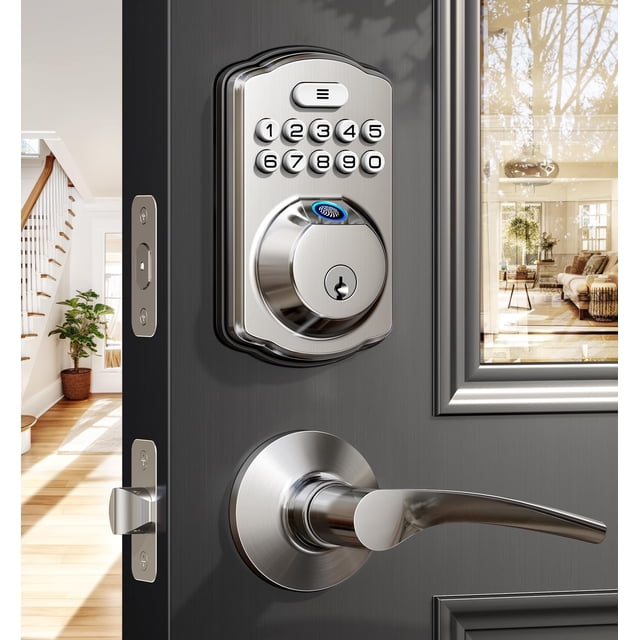 Veise Cerradura de puerta con huella dactilar con 2 manijas de palanca - Cerradura de puerta de entrada sin llave, cerrojo con teclado electrónico, código inteligente digital y juegos de manijas front