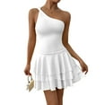 thumbnail image 2 of Women'S One Shoulder Smocked Shirred Tiered Ruffle Sleeveless A-Line Mini Dress White L, 2 of 9