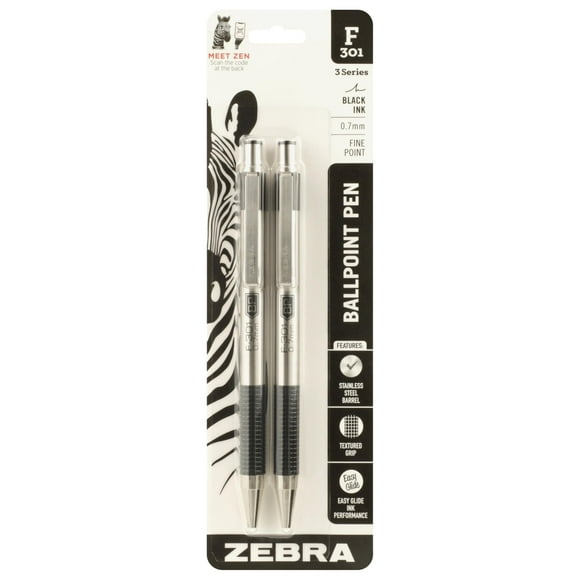 Bolígrafos Zebra F-301 de acero inoxidable fino negro, 0,7 mm