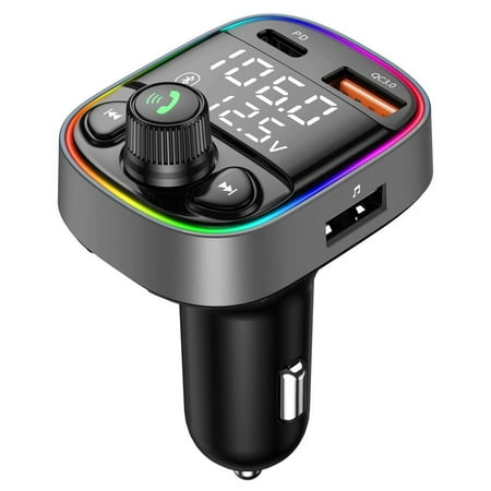 AUX USB C Bluetooth Car Adapter,Wireless Handsfree Call,FM Transmitter Radio Receiver,QC3.0 & Type-C Car Charger,7 Color Backlit with 2 LED Displays,TF Card & Music Stereo Player