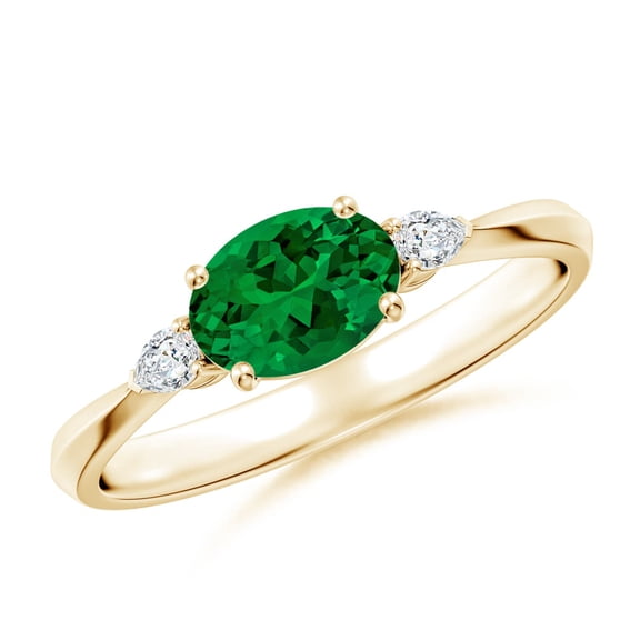 ANGARA Lab Grown Classic East-West Oval Emerald Side Stone Engagement Ring for Women in 14K Yellow Gold (Size-7x5mm) | May Birthstone, Anniversary, Jewelry Gift for Women | Lab-Grown Emerald Ring