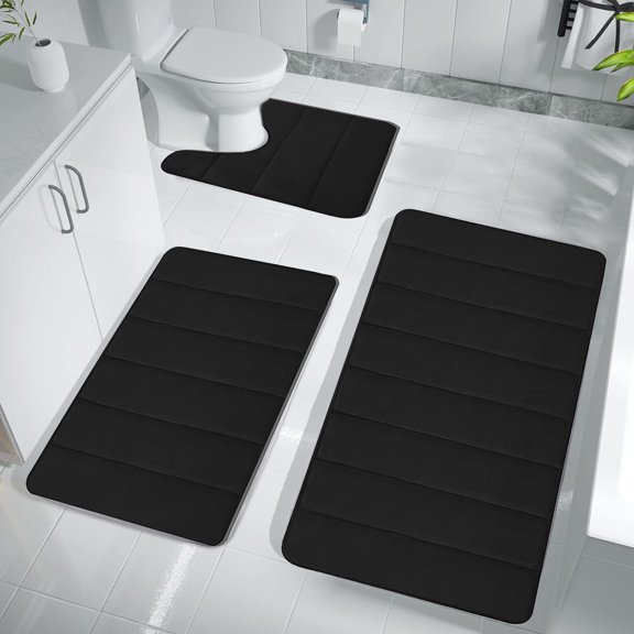 Foam Bath Mat Set 3 Piece | Velvet Fleece Bathroom Rugs Non-Slip Thick Water Absorbent Machine Washable | Modern Rubber Back | 16x24in 16x20in 15x17in | Dark Gray Khaki
