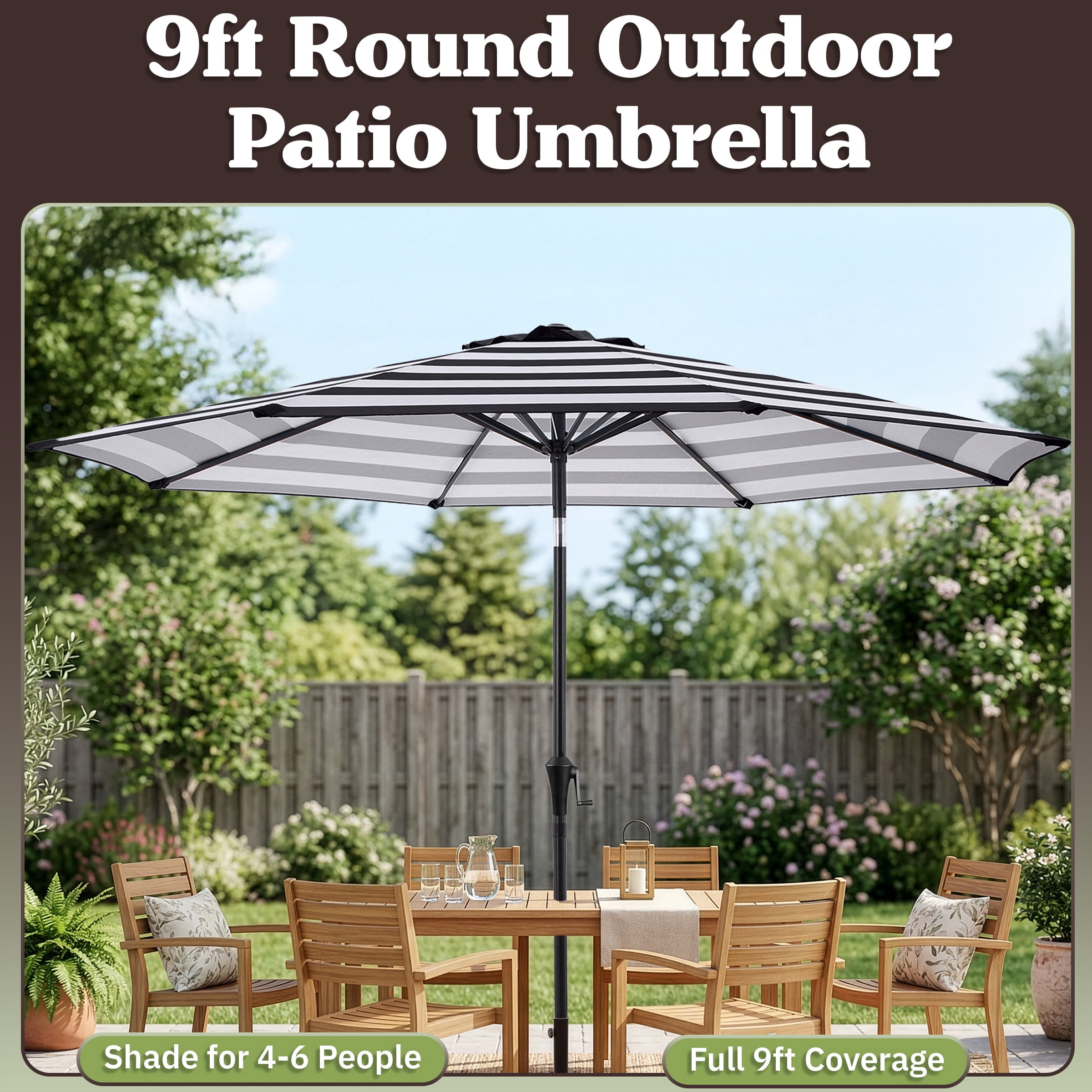 Pure Garden 9 Ft Striped Outdoor Patio Umbrella with Tilt, Black and White