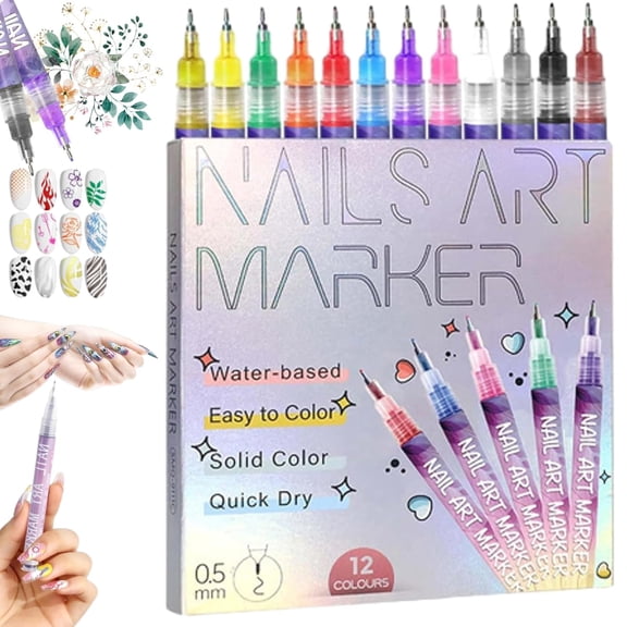12 Colors Nail Art Pens Set,0.01in Pen Tip 3D Nail Polish Markers Quick Dry Dotting Point Liner Pens for DIY Nail Art Beauty Adorn Manicure Tools