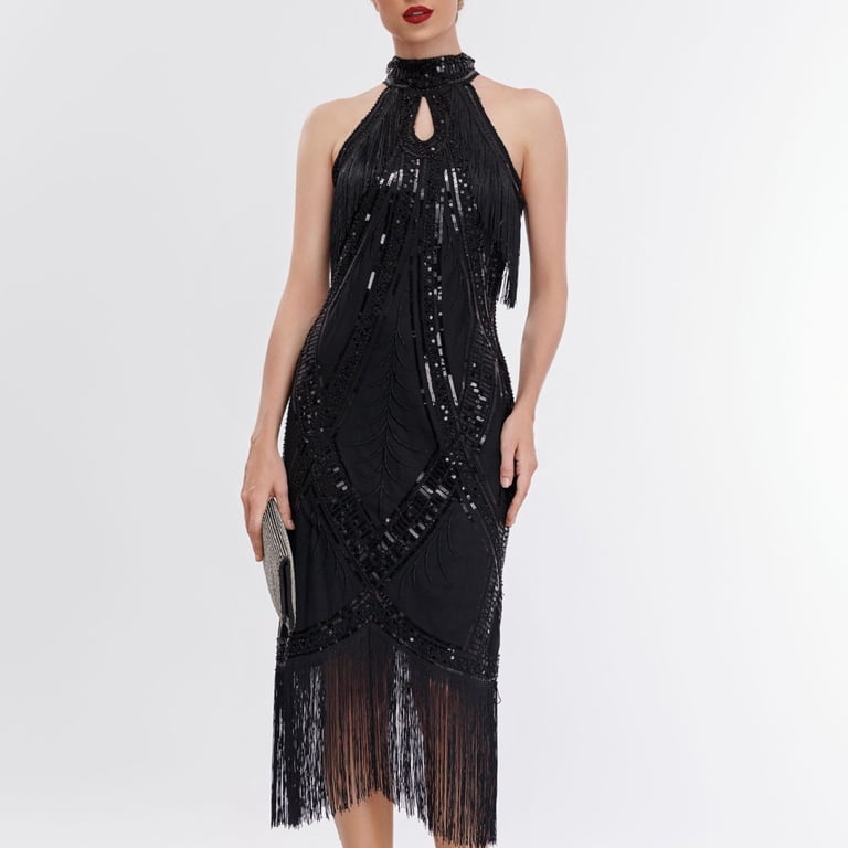 1920s halter dress Bltiby Womens Vintage Sequin Sleeveless Glitter Fringed Party Elegant Tassels Cocktail Dresses Black S 23.75