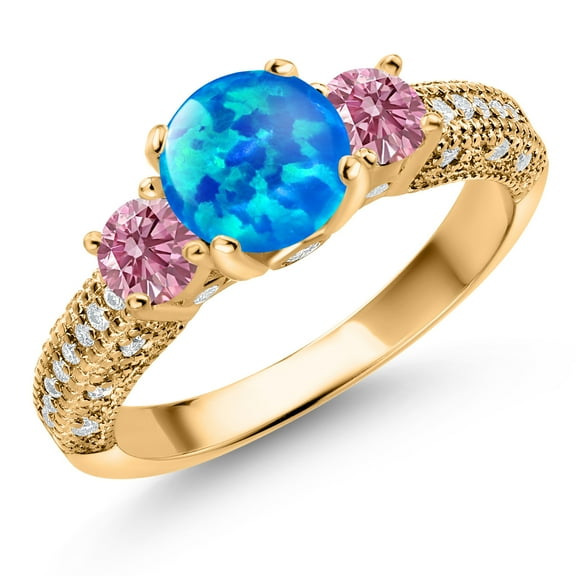 18K Yellow Gold Plated Silver Blue Opal Pink Lab Grown Diamond and White Moissanite Engagement Ring for Women (1.44 Cttw, Gemstone October Birthstone, Round Cabochon 7MM and 4MM, Size 6)