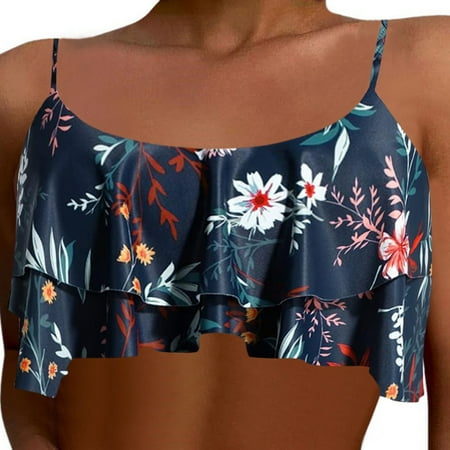 Womens Bikini Top Fashion Sexy Print Crop Double Swimwear Top Only Dark Blue XL