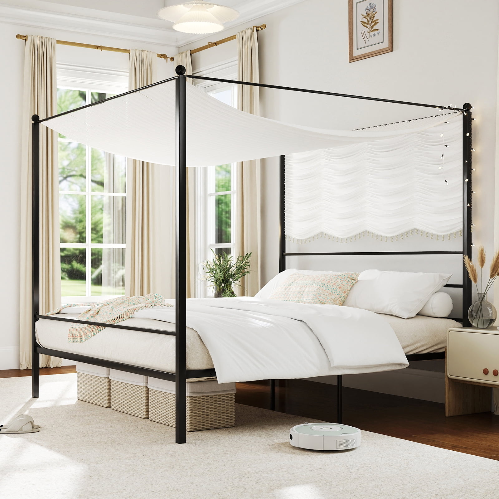 Gymax King Metal Canopy Platform Bed Frame Mattress Foundation w/ Slat Support