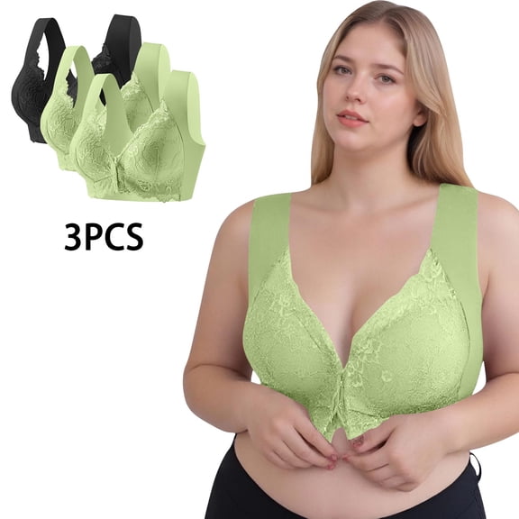 Mlkoz 3 Pack Front Closure Bras for Women Push Up Bra Lace Wireless Bralettes, Soft Breathable Plus Size Bras Solid Color Everyday Bras