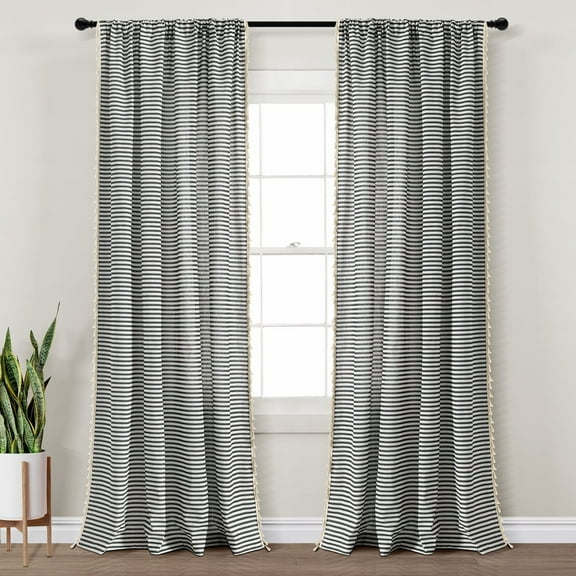Lush Decor Boho Coastal Horizontal Ticking Stripe Tassel Window Curtain Panels Black 52X84 Set