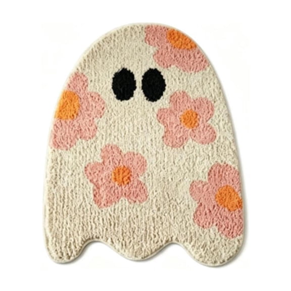 Pinks Ghost Doormat with Floral Patterns Irregular Halloween Cute Rug Non Slipes for Front Porch Indoor Outdoor, 15.74x23.62in