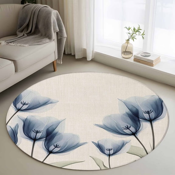4ft Round Rug, Blue Tulip Non-Skid Rubber Backing Large Area Rugs - Living Room Bedroom Home Office, Spring Floral Rustic Summer Botanical Indoor Floor Mat Carpets Washable Rug
