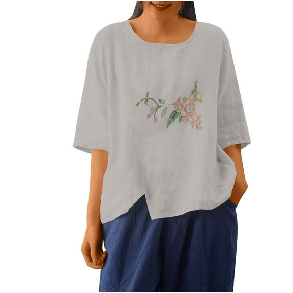 successthop Floral Blouses for Women Plus Size 3/4 Sleeve Shirt Crewneck Slit Hem Pullover Top Print Stylish Clothes