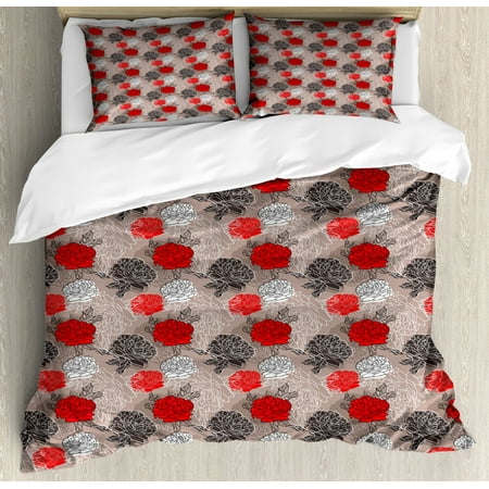 Red And Black King Size Duvet Cover Set Blossoming Peonies