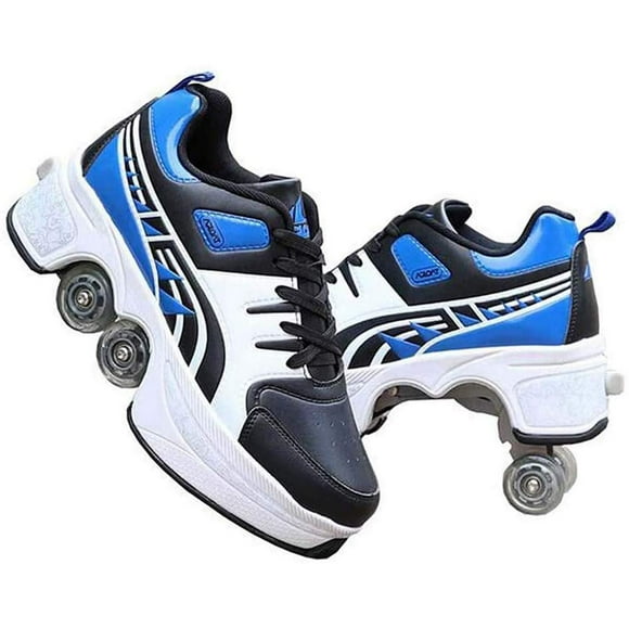 MLyzhe Deformation Roller Shoes Male and Female Skating Shoes Adult Children's Automatic Walking Shoes Invisible Pulley Shoes Skates with Double-Row Deform Wheel… Blue Black