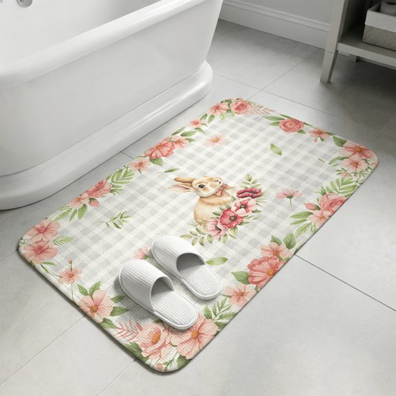 Farmhouse Easter Rabbit Door Mat,Indoor Outdoor Welcome Doormat Spring Flower Leaf Buffalo Plaid Absorbent Linen Front Door Mats Non-Slip Entrance Rug for Kitchen Bathroom Entryway,16x24in