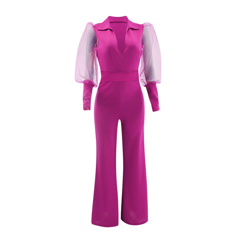 Womens Jumpsuits Long Sleeve Mesh V Neck Casual Style Long Sleeve Rompers  Wide Jumpsuits Light Pant Suit for Women Ladies Jumpsuits Casual Summer