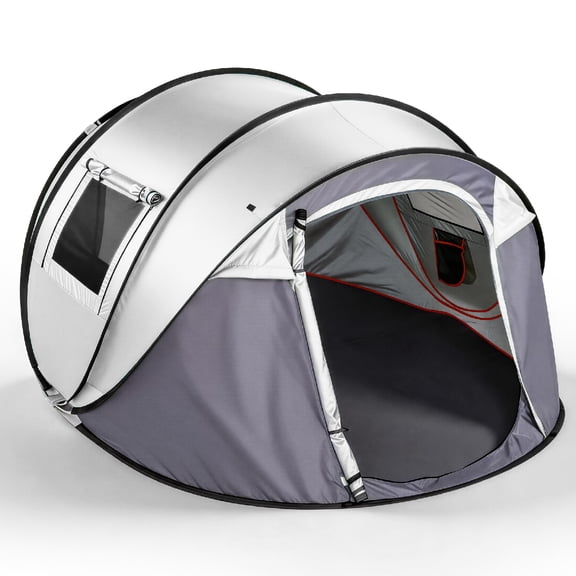 Light Gray 4 Person Instant Pop Up Camping Tent, Waterproof Automatic Flip Tent with Front Awning for Outdoor Family Camping