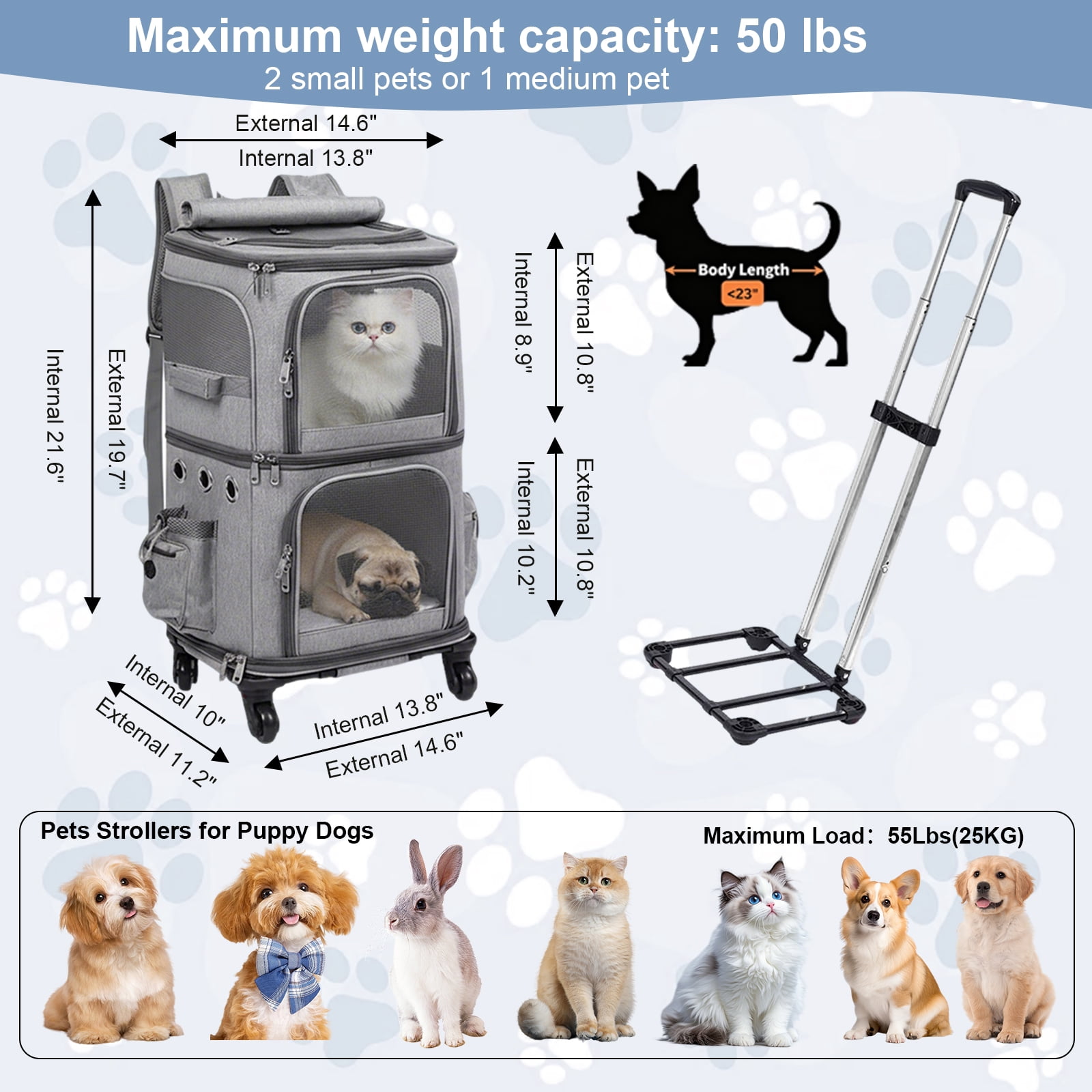 MINGYI Double-Compartment Pet Carrier with Wheels,Dog Backpack Carrier for 2 Small Dogs and Cats,Cat Rolling Carrier for Traveling/Taking a Walk/Trips to The Vet(Grey)