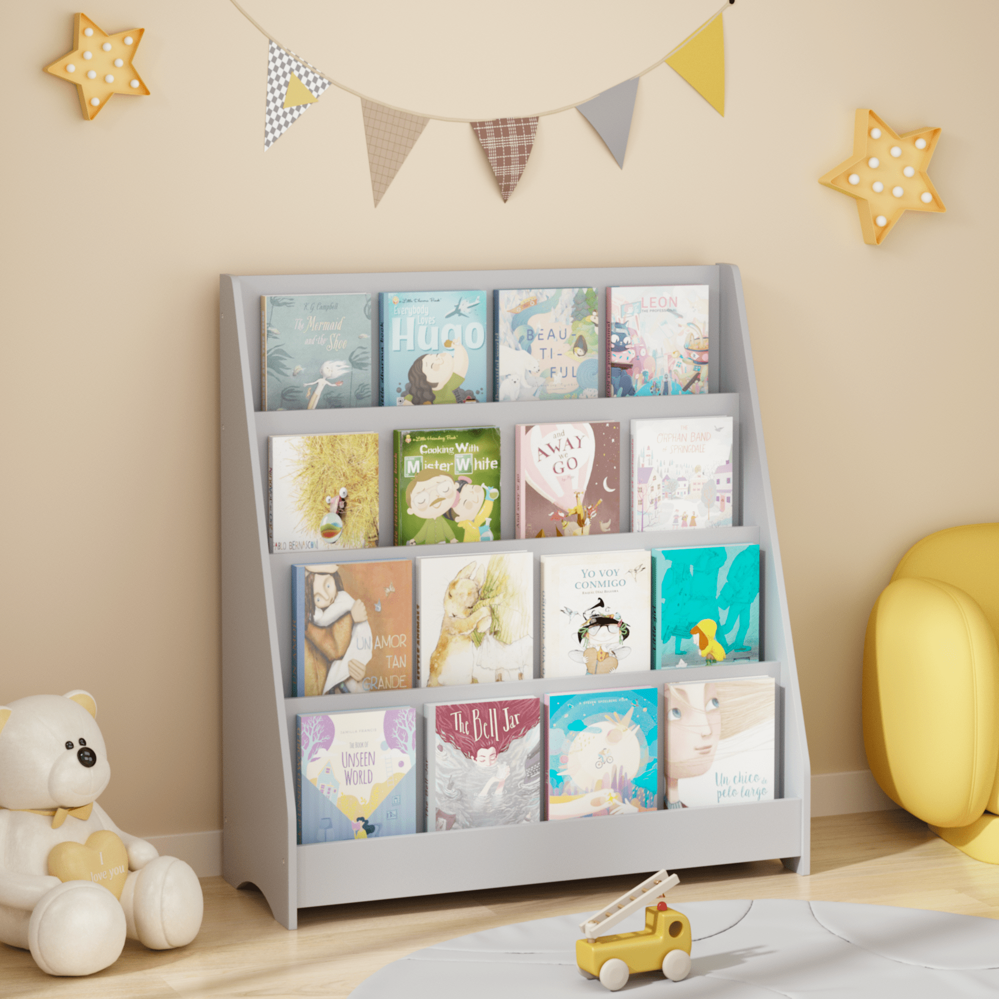 4-Tier Kids Bookshelf with Toy Storage Bin Triangular Support MDF Childrens Book Display Organizer