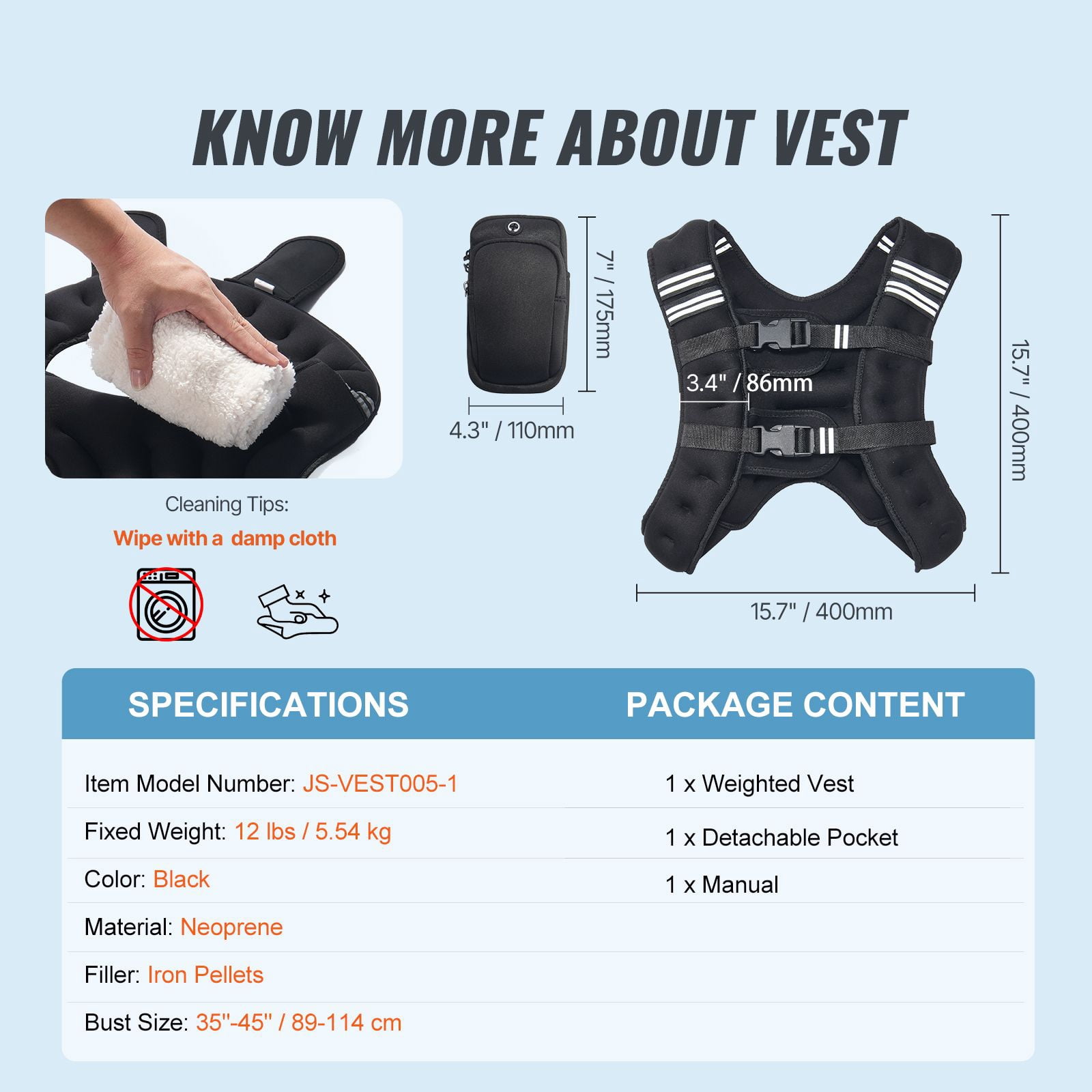 12-Pound adjustable weight-bearing vest with reflective stripes for men's and women's running and strength training