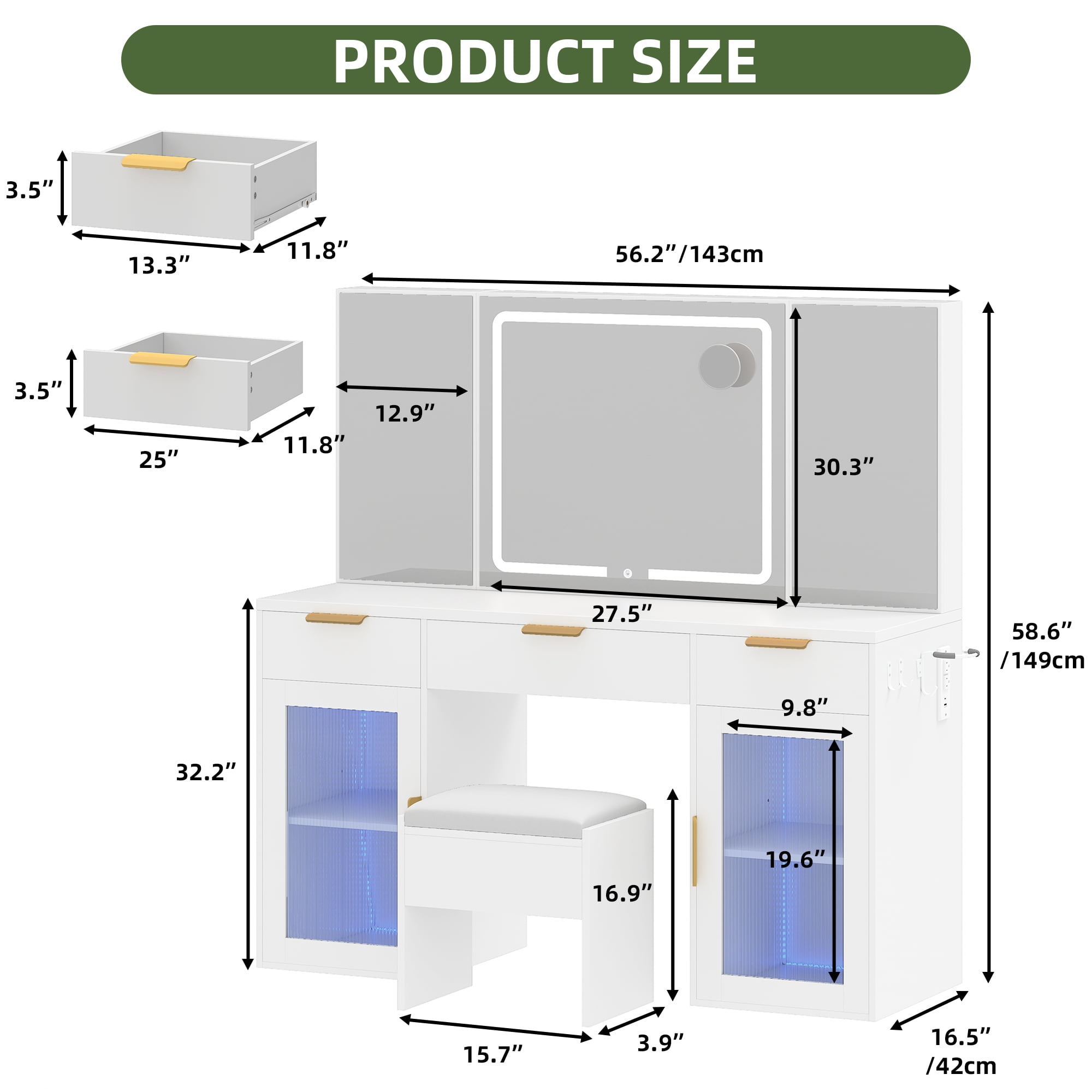 Uforic Vanity Desk Set with Tri-Fold Mirror & Power Outlet, White Makeup Vanity Table with 3 Drawers
