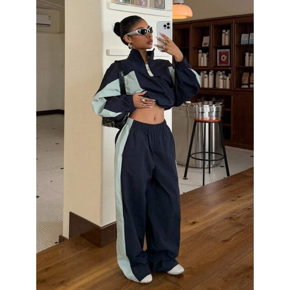 Women's 2-Piece Navy Blue & Light Green Zip-Up Hooded Jacket & Pants Tracksuit Set