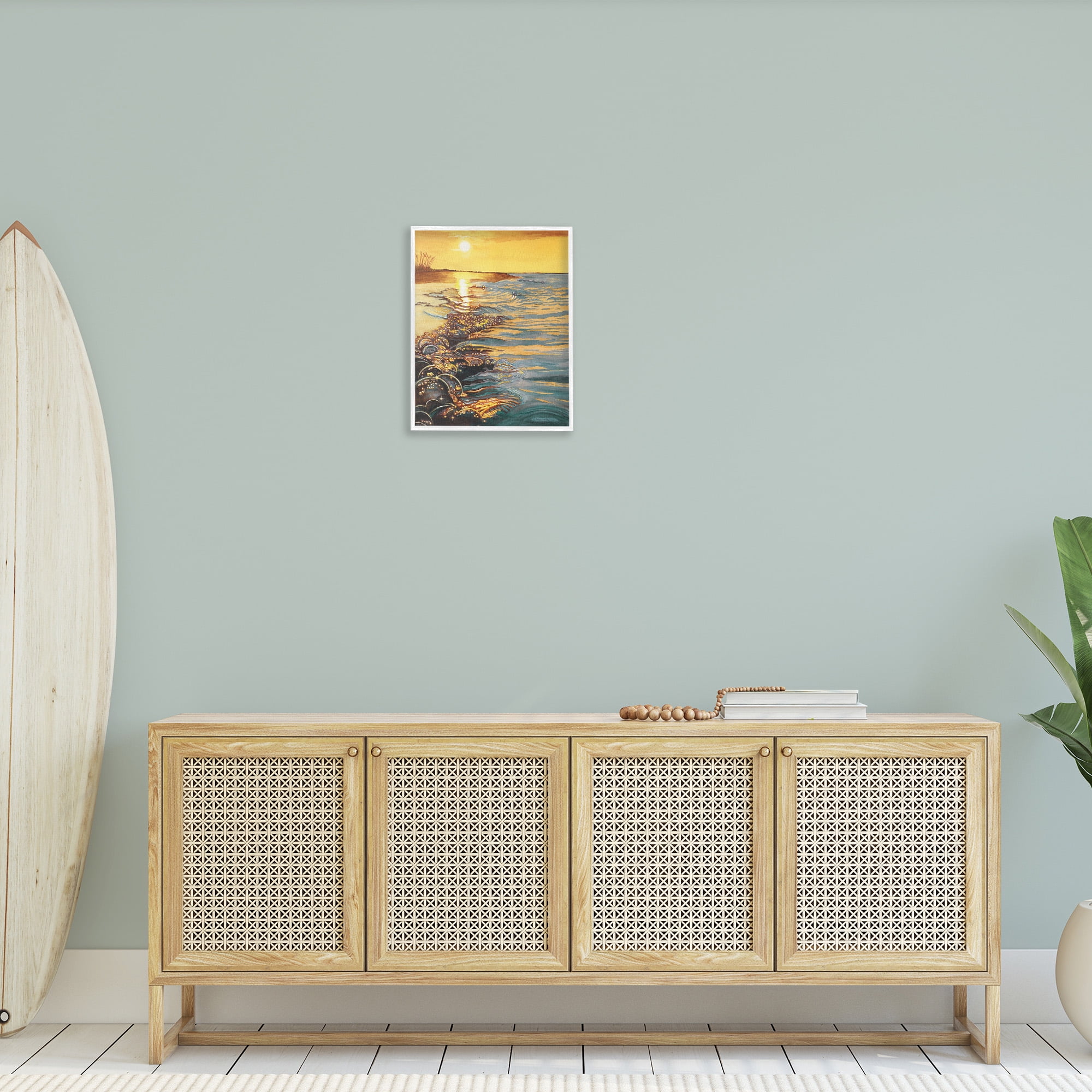 Stupell Industries Sunset over Beach Ripples Landscape Painting White Framed Art Print Wall Art, 16 x 20
