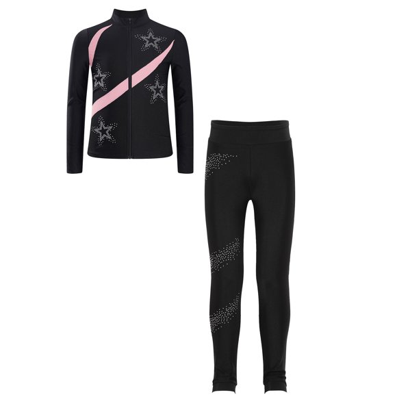 dPois Sparkly Figure Ice Skating Outfit for Girls Long Sleeve Jacket and Training Leggings Kids Sports Set Pink 12