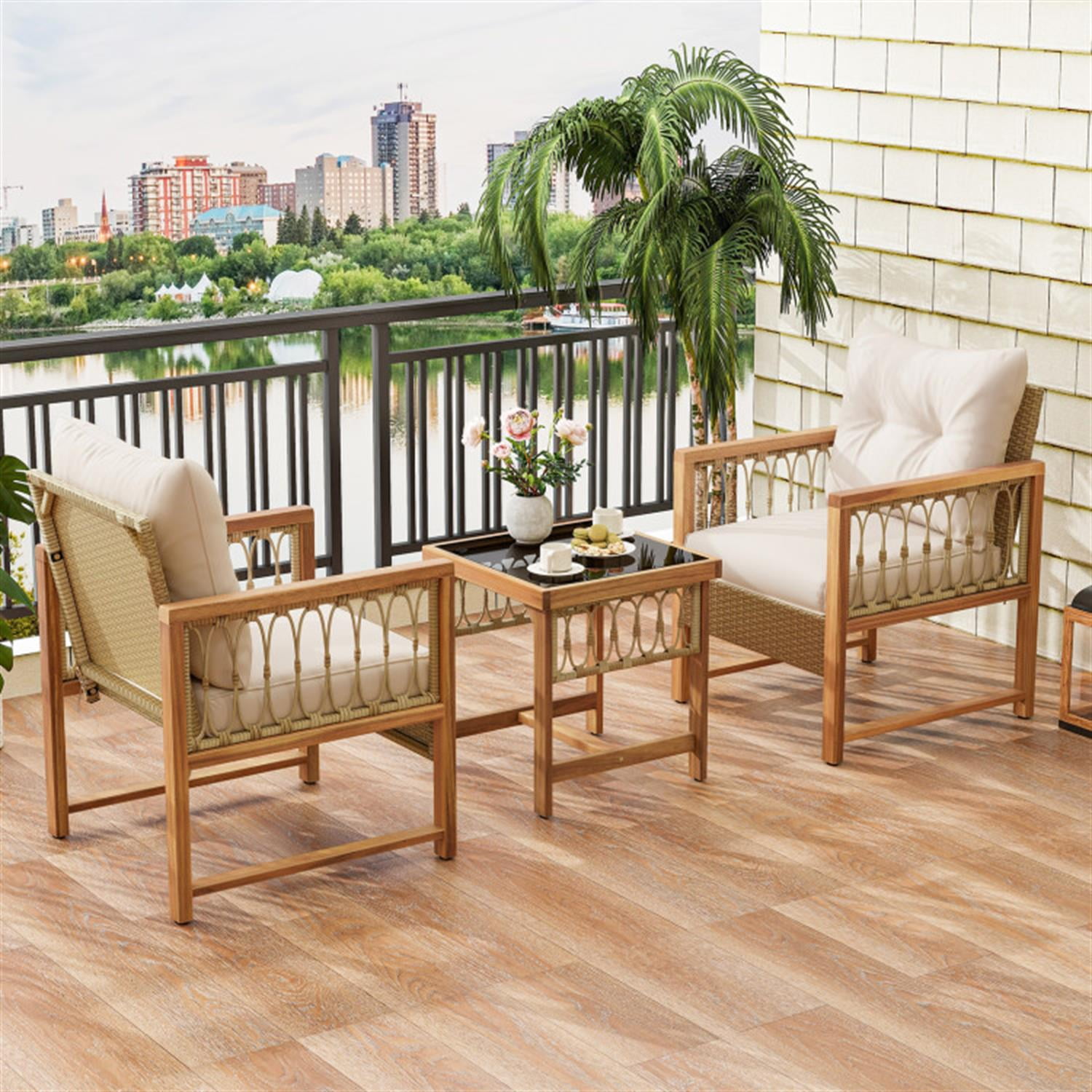 Demi Bonn 3 Pieces Patio Furniture Set with Acacia Wood Frame Cushions, Conversation Armchairs for Garden Poolside Balcony, Brown