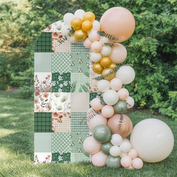 Bohemian Flower Patchwork Arch Backdrop Cover 6 FT, Spring Vintage Green Boho Floral Leaf Plaid Wedding Arch Cover Stretchy Backdrop Stands Covers for Birthday Party Ceremony Banquet Decor