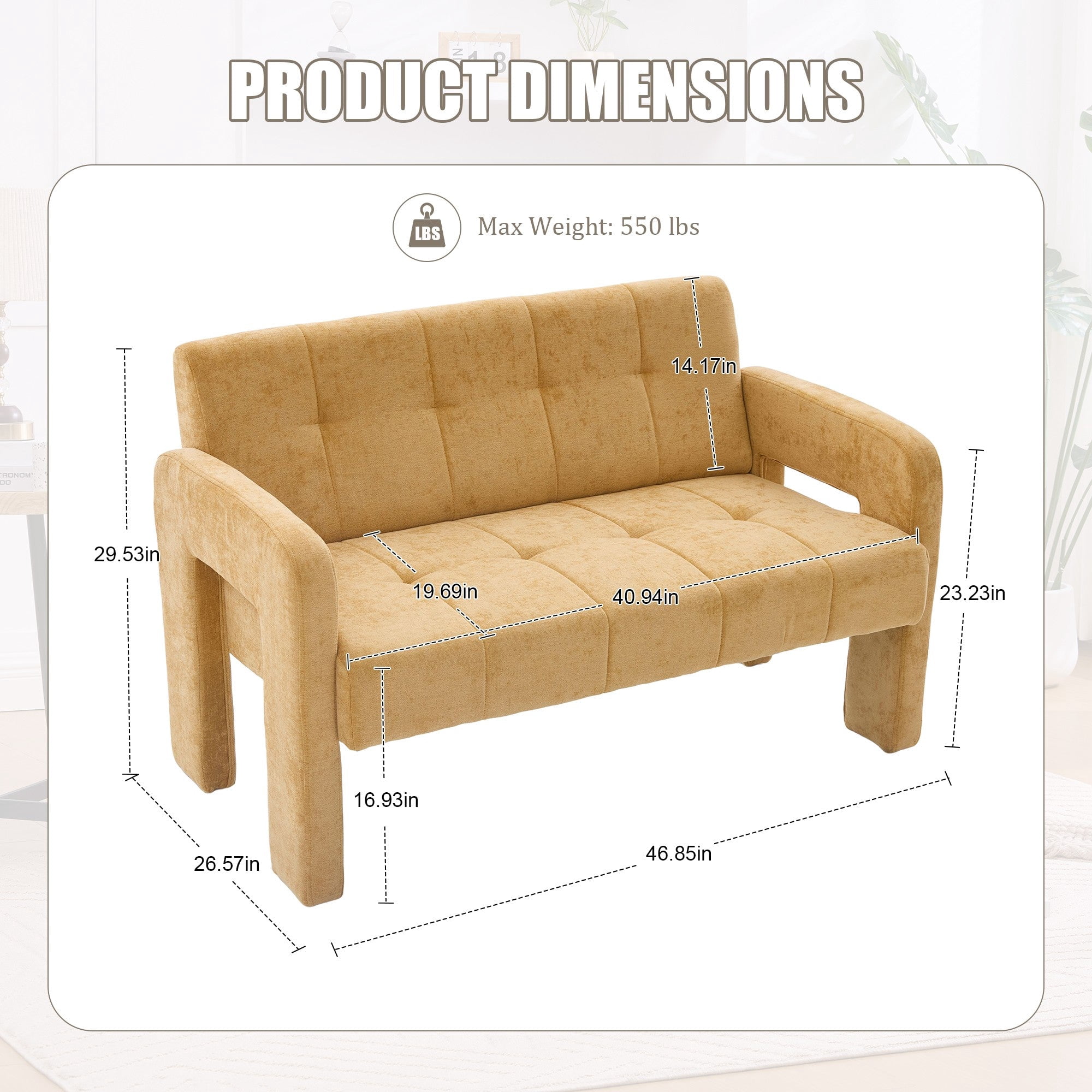 Sailvan Nordic Modern Chenille Loveseat,Compact 2-Seater Upholstered Sofa with Dual Armrests for Living Room,Bedroom,and Small Spaces Yellow