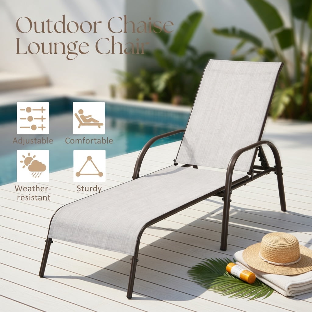 Hommoo 2-Pack Adjustable Outdoor Chaise Lounge Chairs, Fabric Patio Recliners with 5-Position Backrest, Steel Frame, Poolside & Backyard Ready, Gray