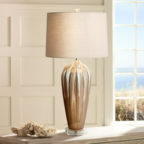 Possini Euro Design Mid Century Modern Table Lamp Ceramic Ivory Drip Glaze Fabric Drum Shade For Living Room Family Bedroom Walmart Com Walmart Com