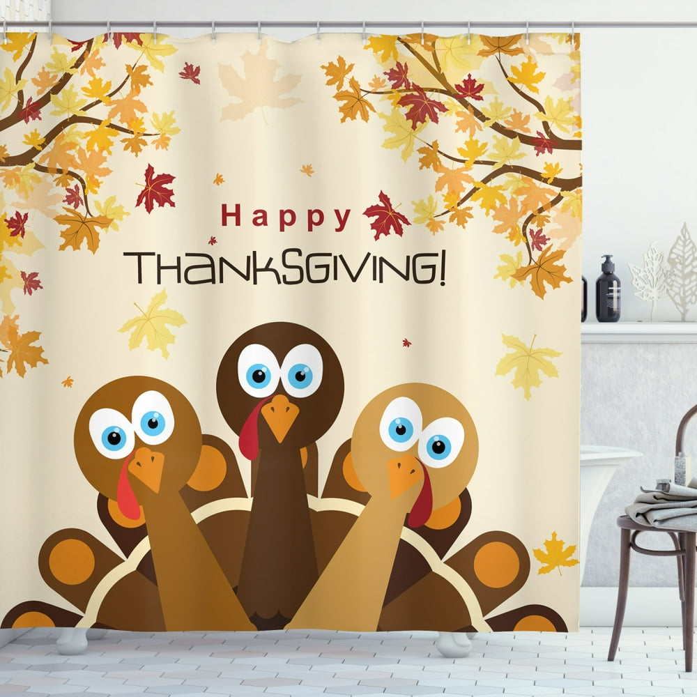 Turkey Shower Curtain, Happy Thanksgiving with Falling Leaves and