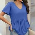 thumbnail image 4 of TQWQT Peplum Tops for Women Short Sleeve Babydoll Vneck Summer Tops Cute Tunic Top Flowy Puff Sleeve Solid Color Blouses Beach Vacation Clothes Blue M, 4 of 5