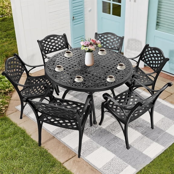 7 Piece Patio Dining Set,Outdoor Cast Aluminum Outdoor Dinning Set, All Weather Patio Chairs and Round Patio Table with 2.36" Umbrella Hole for Garden,Black