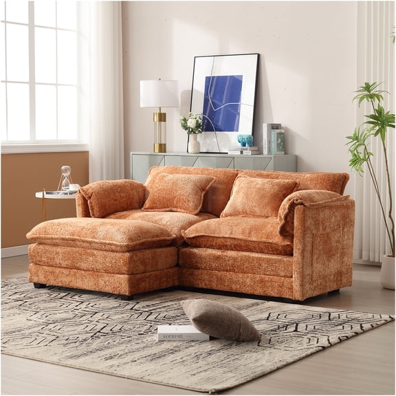 JERFIT Oversized 2-Seater Sofa with Ottoman, Plush Chenille Fabric, Removable Armrests with Side Pockets, Foam Filled, Modern Orange Loveseat for Living Room