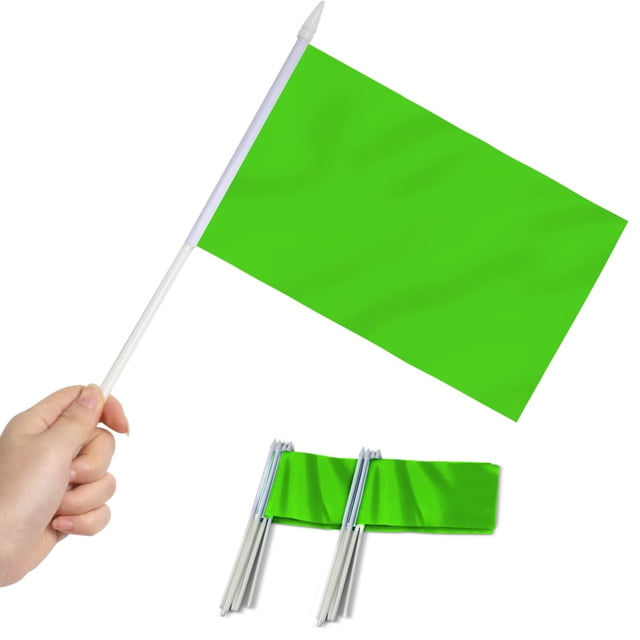 Anley Green Mini Flag 12 Pack - Hand Held Small Miniature Solid Green Blank Flags on Stick - Fade Resistant & Vivid Colors - 5x8 Inch with Solid Pole & Spear Top