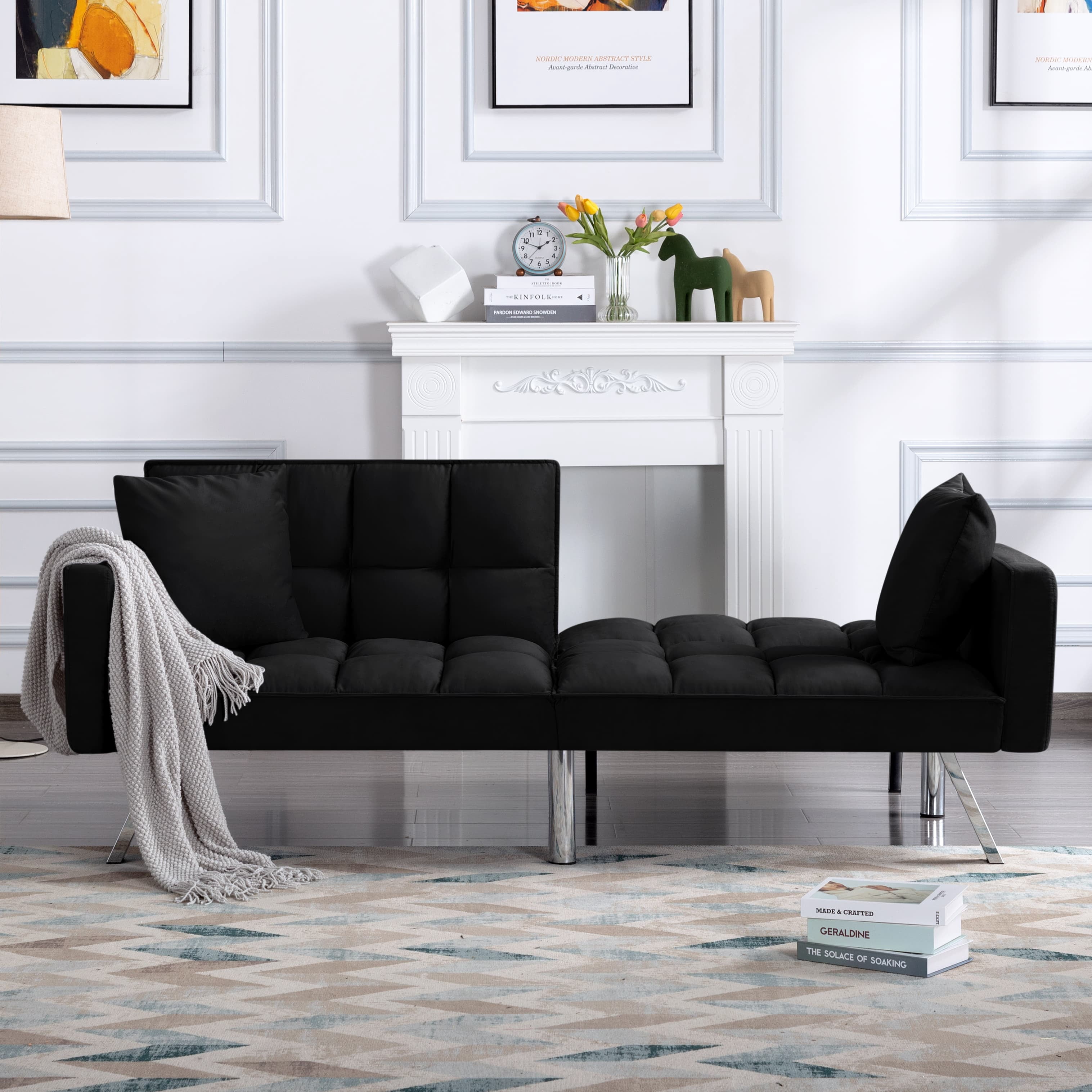 BSHTI 74”Tufted Futon Sofa Bed,Twin Size Black Velvet Fabric Sleeper Sofa,3 Angles for Adjusting Sofa,for your Home,Office,and Guest Room
