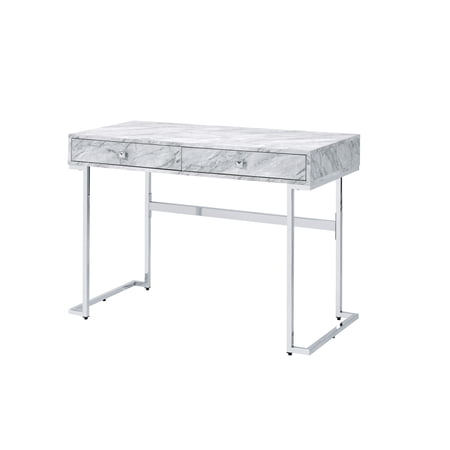Elegant Desk With White Faux Marble Finish And Ornaments Functional Storage Area Writing Table Enhancements Drawers