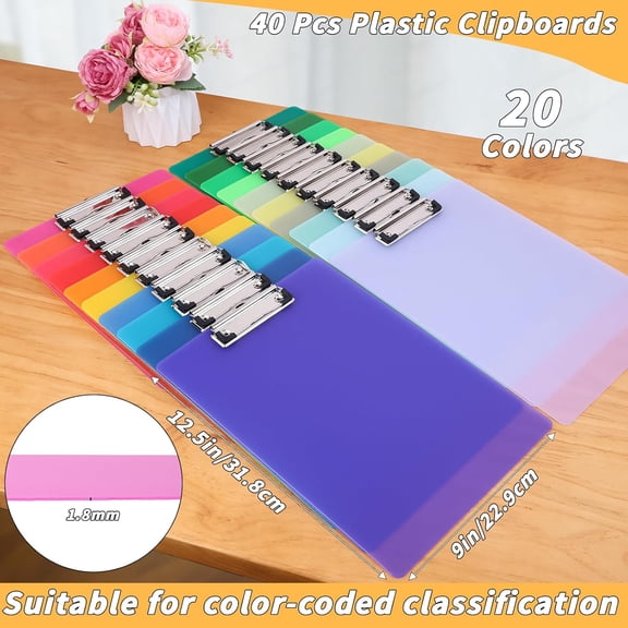 40 Pcs Plastic Clipboards Bulk 20 Assorted Colors 12.5 x 9 In Clear Colored Clip Board Standard A4 Letter Size Low  Clipboard Portable for Classroom Office Supplies Students Back to School