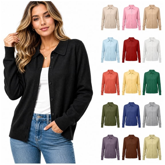 Crunowin Women’s Knitted Cardigan Long Sleeve Button-Front Collared Casual Outerwear Black Size M