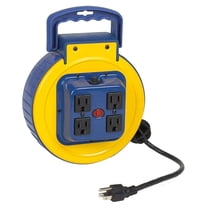 Retractable Extension Cord Reel - 25ft SJTW 16/3 Yellow - 4 Outlet, Resettable Circuit Breaker, Illuminated Power Indicator - Heavy Duty Steel Reel