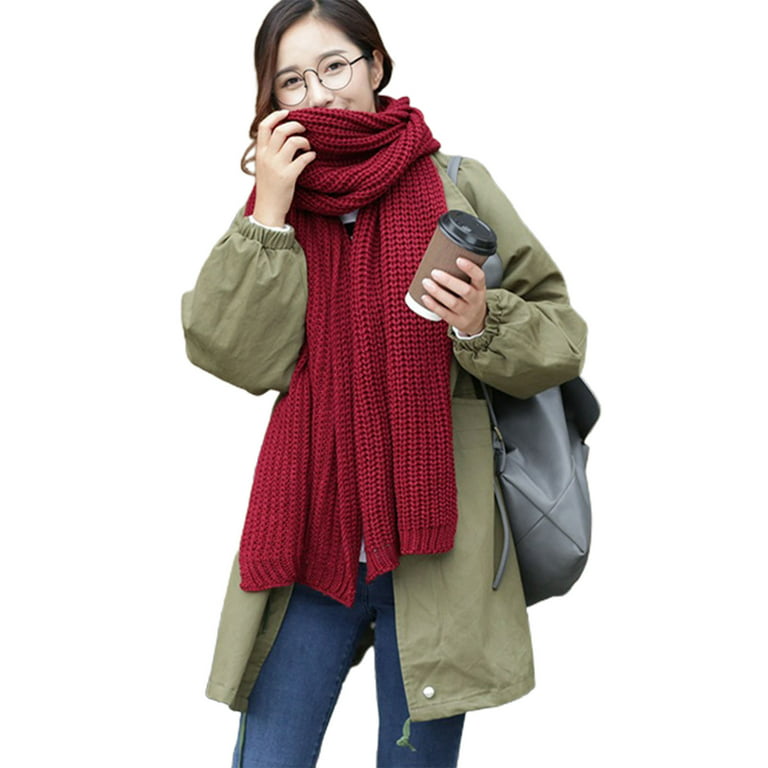 Anvazise Women Scarf Solid Color Keep Warm Skin-friendly Woolen Yarn  Knitted Winter Scarf for Outdoor Black 